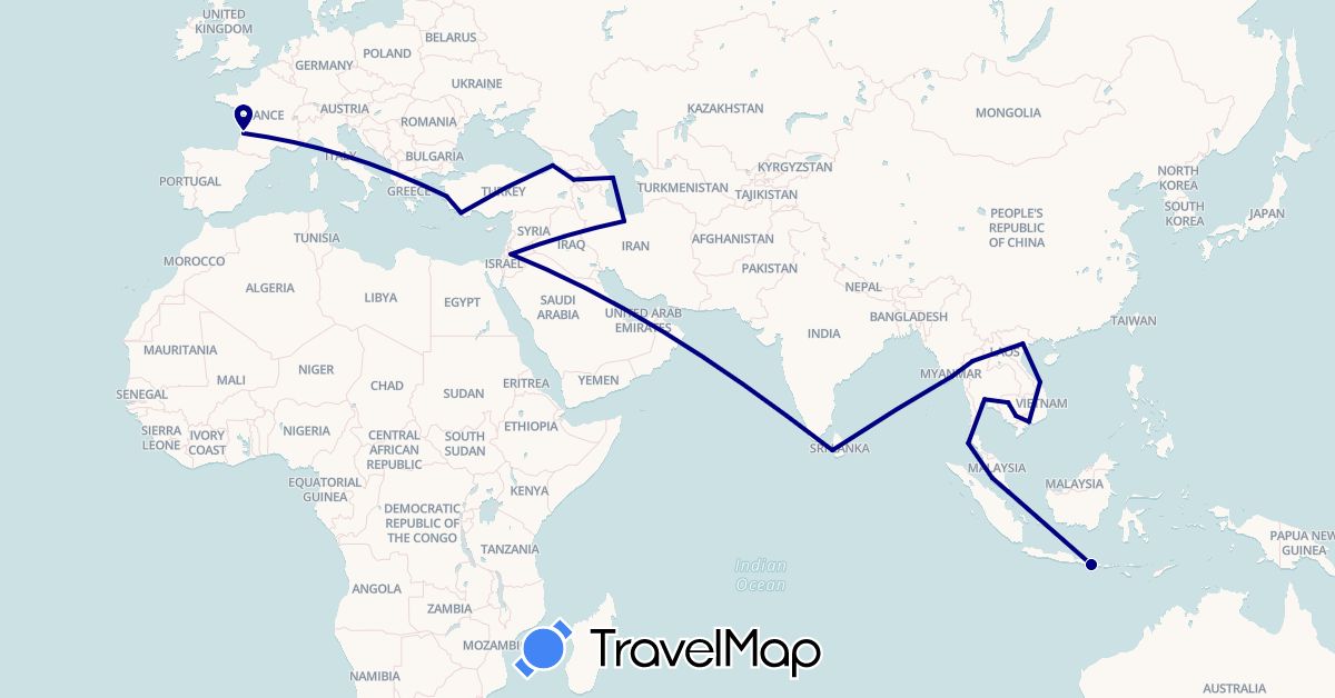 TravelMap itinerary: driving in Armenia, Azerbaijan, France, Georgia, Indonesia, Iran, Jordan, Cambodia, Sri Lanka, Myanmar (Burma), Malaysia, Singapore, Thailand, Turkey, Vietnam (Asia, Europe)